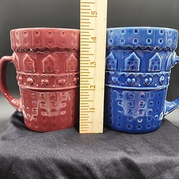 At Home International Heart House mugs Set of 2 Cranberry & Cobalt Blue 12-14 oz - Picture 8 of 9